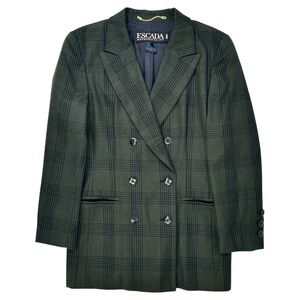 ESCADA Vintage Dark Green & Blue Check Plaid Oversized Wool Blazer Jacket